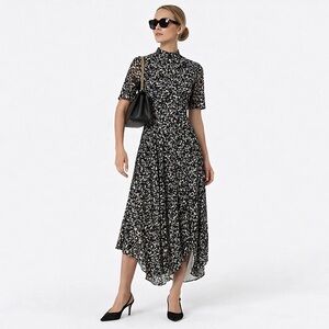 WHISTLES Animal Print Asymmetrical Midi Dress Pleated High Neck Mesh Sleeve US 6